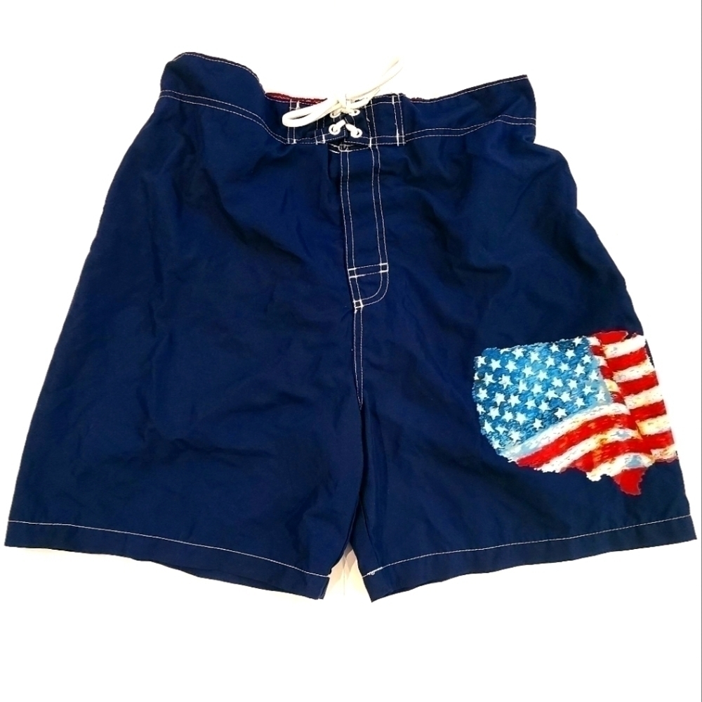𝅺3/$20 Faded Glory Blue USA Flag Swim Trunks